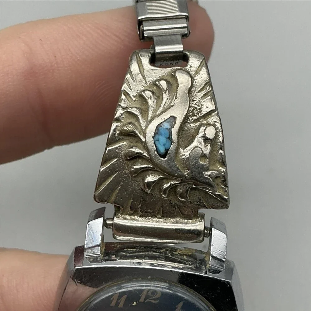 Vtg Caravelle Womens Watch 23mm Sterling Native American Signed Turquoise Manual